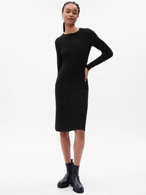 Gap NWOT Black Long-Sleeve Open Knit Fit-and-Flare Midi Cashsoft Sweater Dress